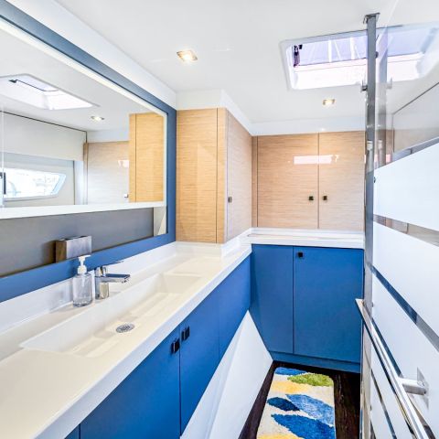 a kitchen with a blue background