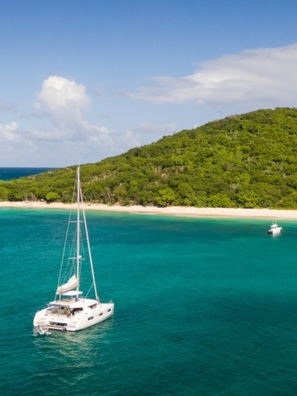 Catamaran sailing near a lush green island with clear turquoise waters and a sandy beach.