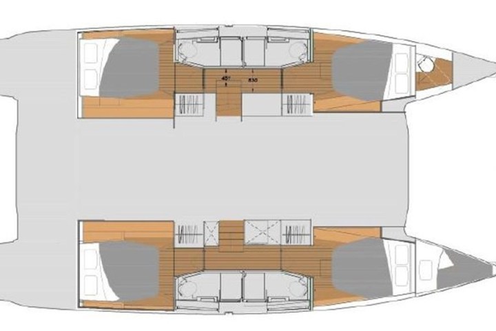 Catamaran layout with two hulls, cabins, and decks, top-down view.