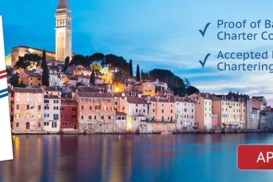 Certificate ad with coastal town, 'Apply Now' button, text about chartering competence.