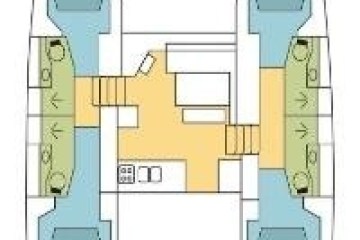 Catamaran floor plan with cabins, kitchen, and lounge areas.
