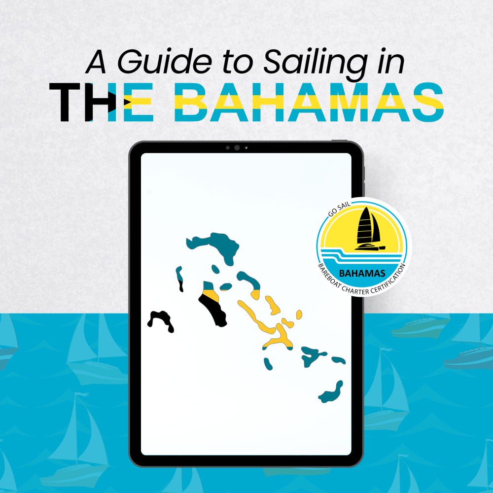 Sailing guide cover with Bahamas map on tablet and charter certification badge.