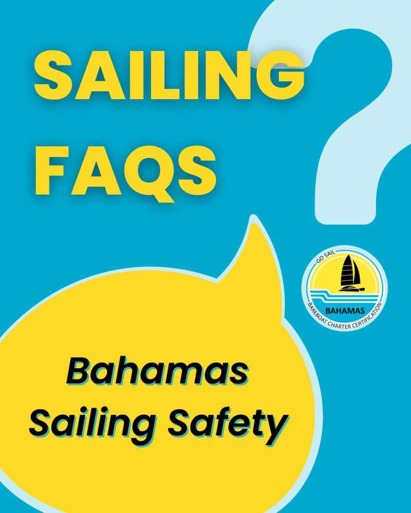 Bright poster with 'Sailing FAQs' and 'Bahamas Sailing Safety' in yellow on blue background with a question mark.