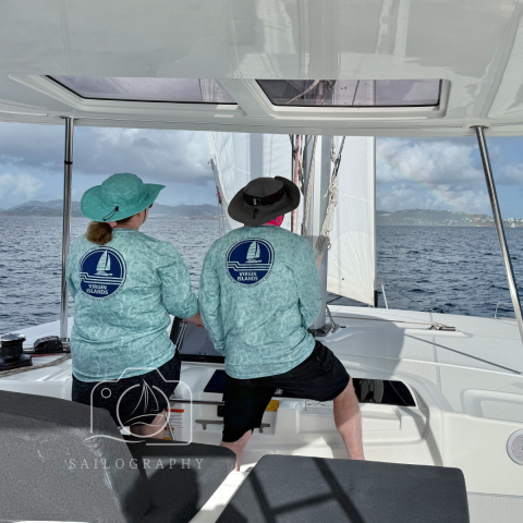 Two people in matching shirts and hats sailing on a boat with open sea and cloudy sky.