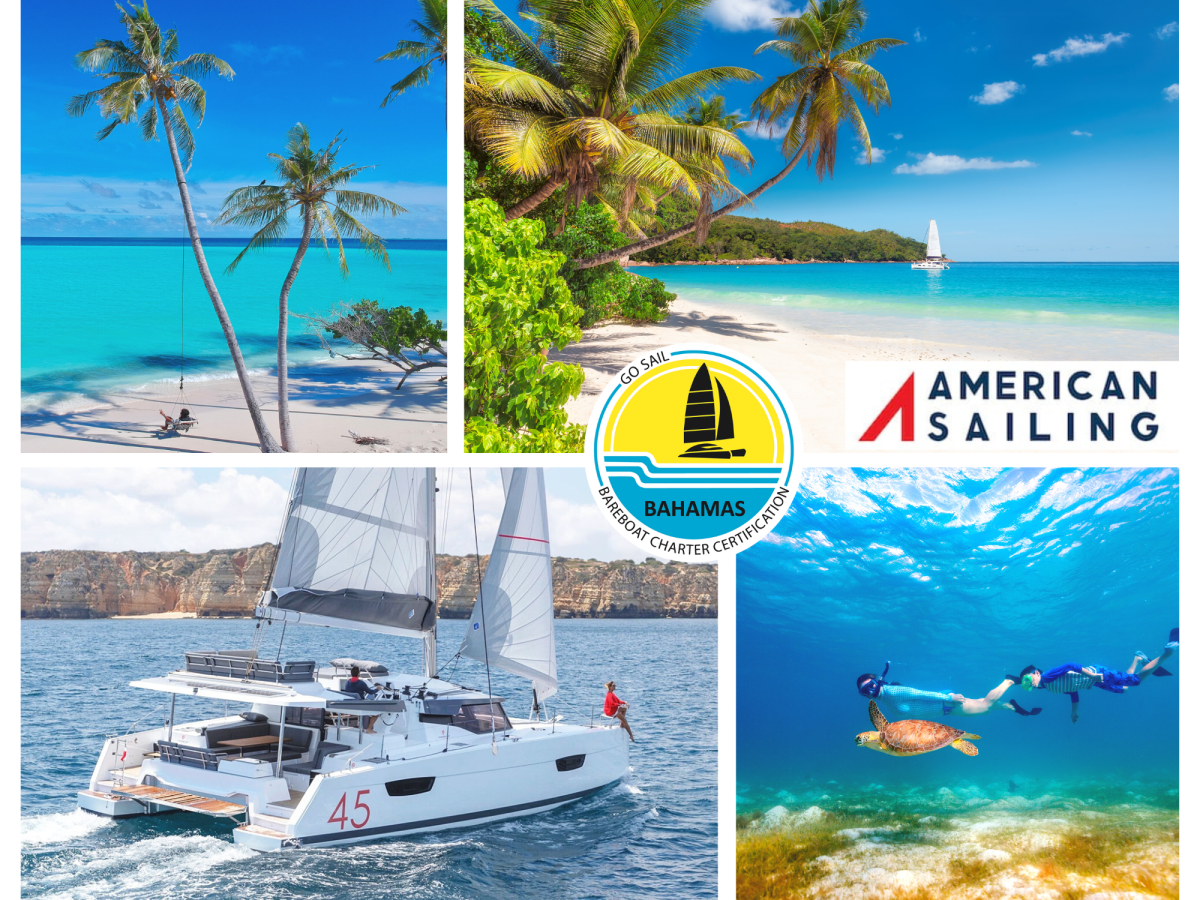 Go Sail Bahamas scenes beach, sailboat, snorkeling, and American Sailing logo for Bahamas charter certification.