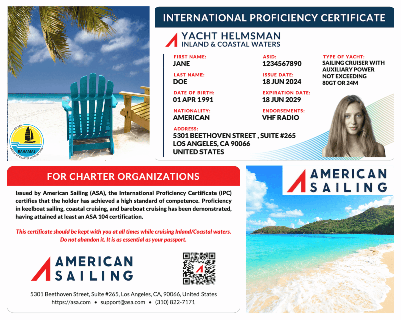 American Sailing proficiency certificate with beach scene and yacht details.