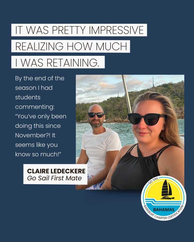 Two people on a boat, a man and a woman wearing sunglasses, with a quote and logo for Bahamas charter certification.