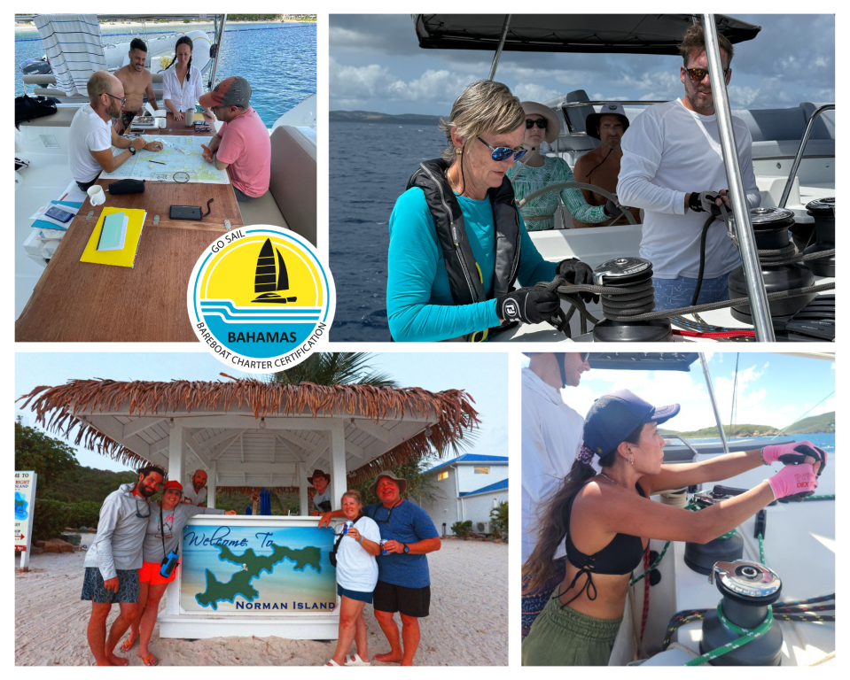 Collage of people sailing, chart reading, and standing at Norman Island sign.
