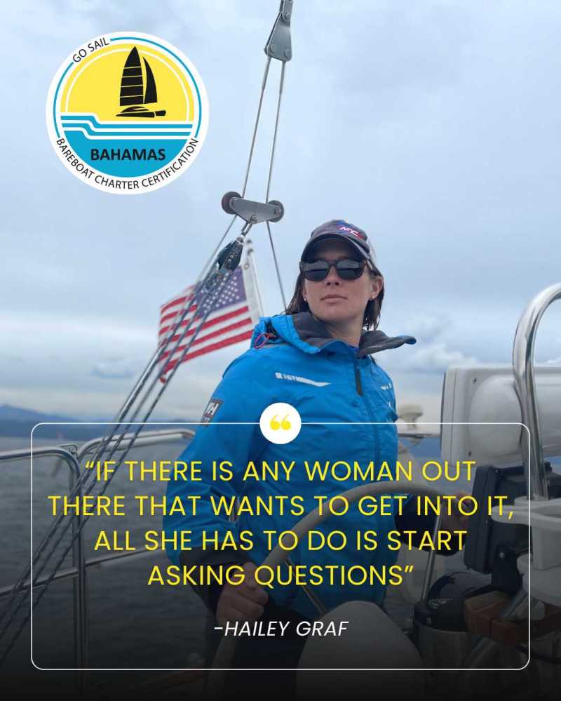 Person in blue jacket on boat with American flag, quote about women asking questions.